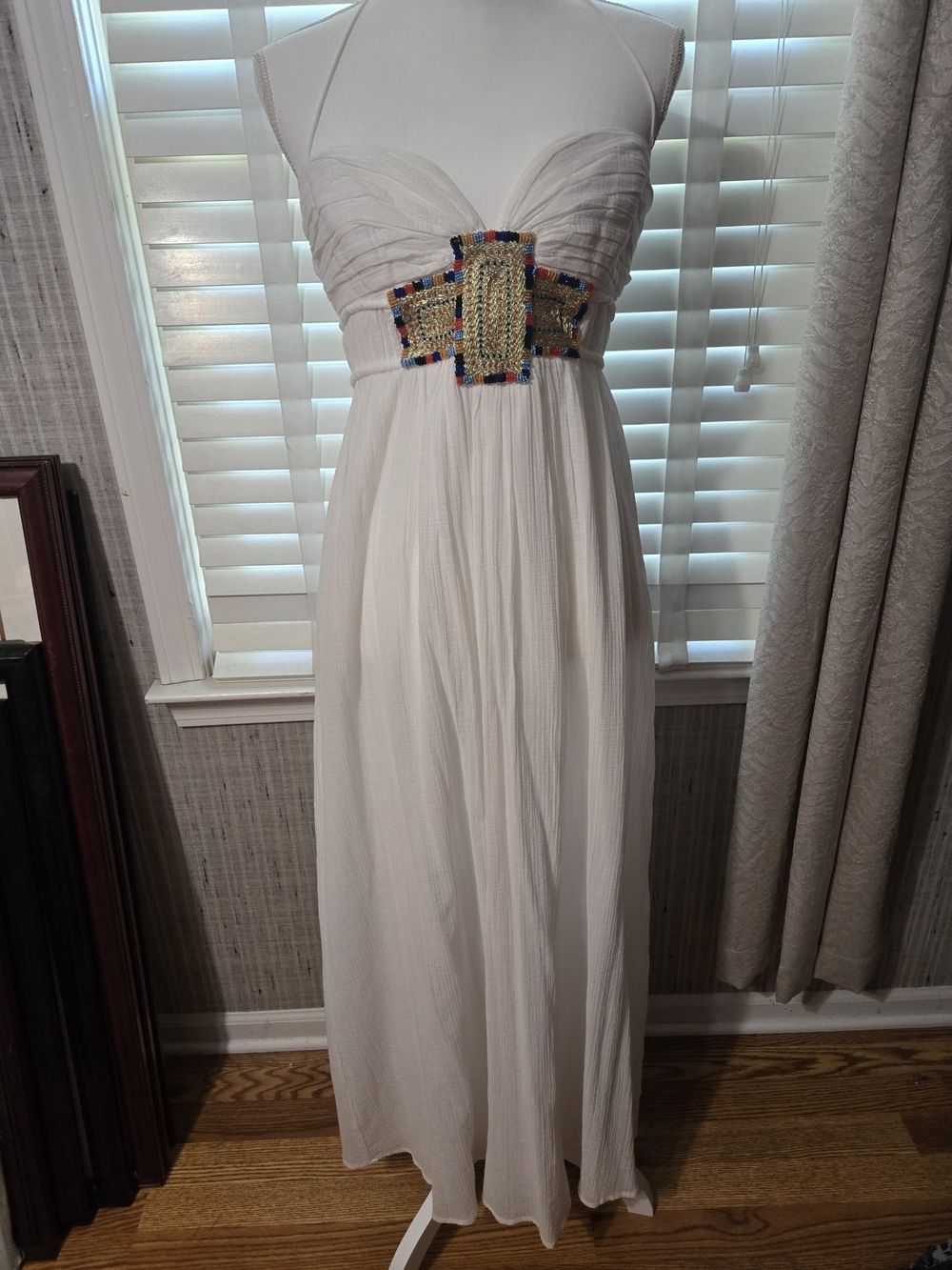 100% Cotton White Maxi Dress with Beaded Embellishment Sz S